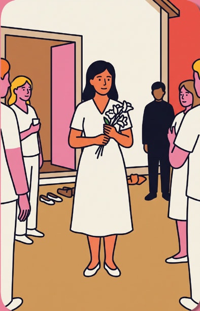 Carta de uma mulher vestida de branco segurando flores, com sapatos deixados na entrada do prédio